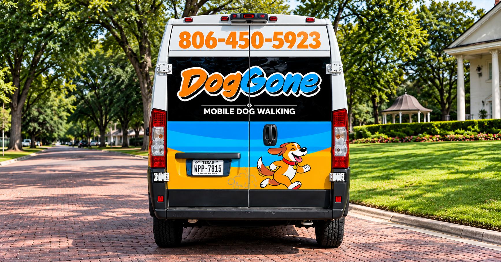 Rear doors of the DogGone Walks van showing the DogGone logo, phone number 806-450-5923 and the running dog artwork